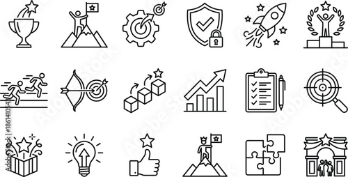 Success and achievement line icons set featuring goals victory growth strategy leadership motivation rewards performance milestones outline vector illustration