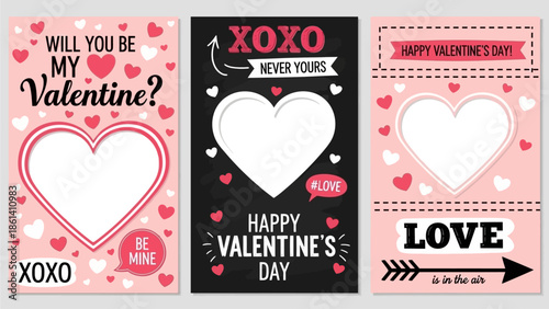 Valentine's Day greeting cards with heart-shaped designs and loving messages displayed together