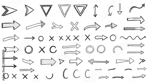 A collection of white chalk arrows and symbols on transparent background for business presentations