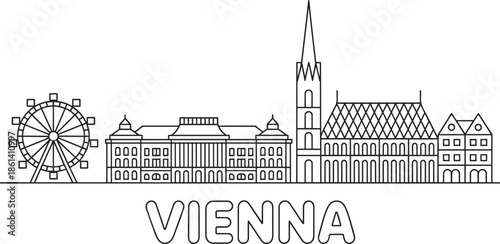 Vienna skyline vector outline illustration with iconic buildings prater ferris wheel