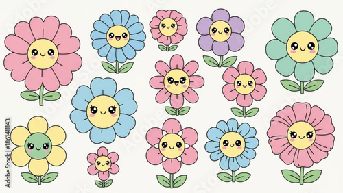 Colorful cartoon flowers with smiling faces for cheerful designs