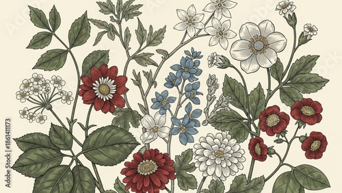 Vibrant floral arrangement with red, white, and blue flowers