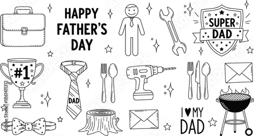 Happy Fathers Day Line Icons Set Featuring Super Dad Badge Tools Trophy Grill Tie Briefcase Vector Illustration