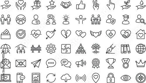 Huge Collection of Linear Vector Icons Featuring Charity Volunteering Community Support Love Kindness Partnership Growth Social Responsibility And Non Profit Organizations