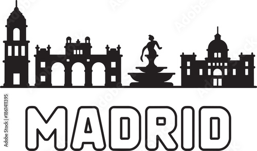 Madrid city silhouette vector design showing famous historical buildings and fountain