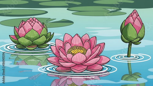 Vibrant pink lotus flowers floating serenely on tranquil pond