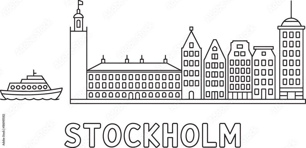 Obraz premium Stockholm sweden cityscape outline vector with city hall parliament and historical houses