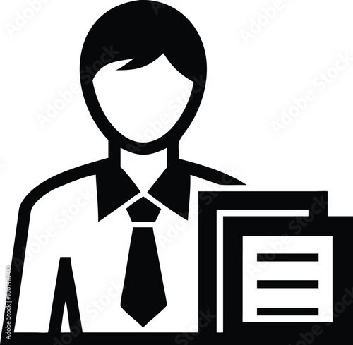 Business professional icon holding documents, corporate employee avatar in black and white, office paperwork management concept ideal for HR, resume, administration, workflow design assets!
