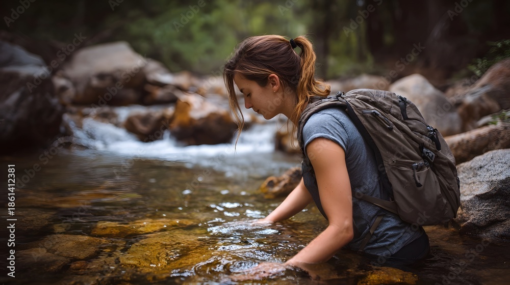 Fototapeta premium A young female hiker with a backpack touches the clear flowing water of a rocky stream in a serene natural environment