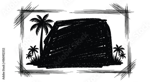 A sketched island scene features a dark hill palm trees and a colorful watercolor background