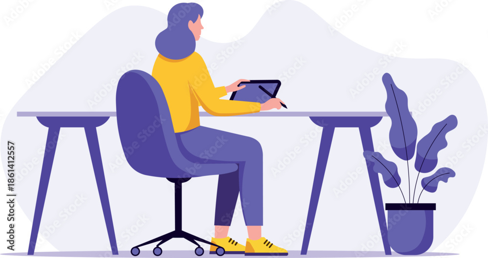 Fototapeta premium Happy woman working online abstract concept. Young Female character sitting at desk and working on laptop.