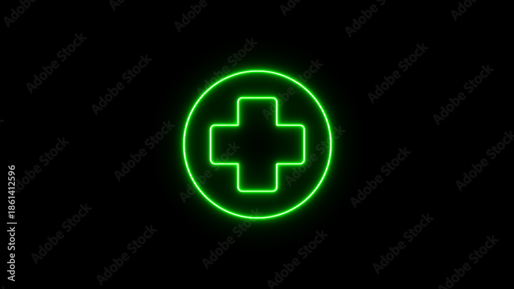 Fototapeta premium Green glowing cross symbol on black background circle