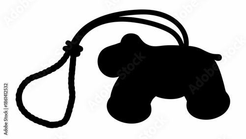 Black silhouette of a dog on a leash against white background