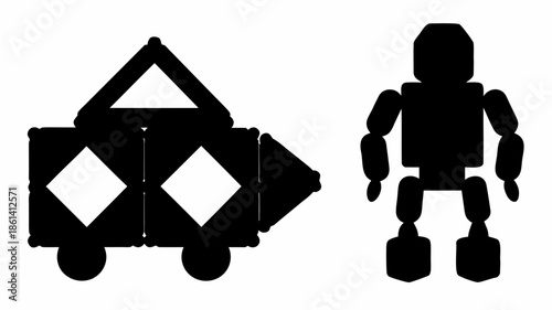 Modern robot and vehicle black silhouettes in white background