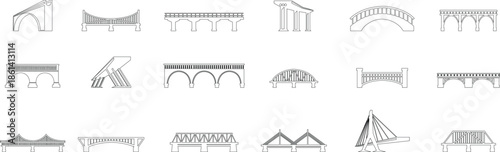 Bridge icons set collection with arch suspension truss viaduct structures in line style, transportation infrastructure outline illustration group for city map UI design