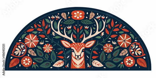 A decorative arch featuring a reindeer head surrounded by floral and foliage elements