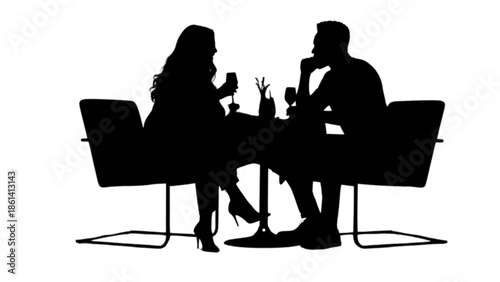 A couple enjoying a quiet drink and conversation at a table, depicted in elegant silhouette