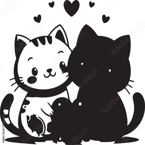 Cute cartoon cats sharing a heart with love and affection