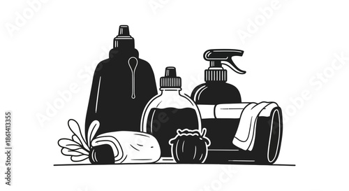 A collection of cleaning supplies including spray bottles soap and cloths depicted in a minimalist black and white style