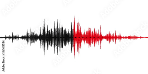 Vector illustration of an abstract red and white audio equalizer background featuring a digital sound wave frequency pulse and music technology waveform design on a light electronic backdrop