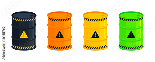 Set of industrial waste barrels with warning symbols. Oil, toxic, biohazard, chemical, contamination, and safety concepts. Flat vector illustration isolated on white background