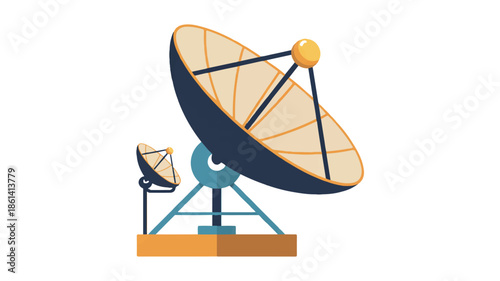 A flat design illustration of a satellite dish antenna on a white background 