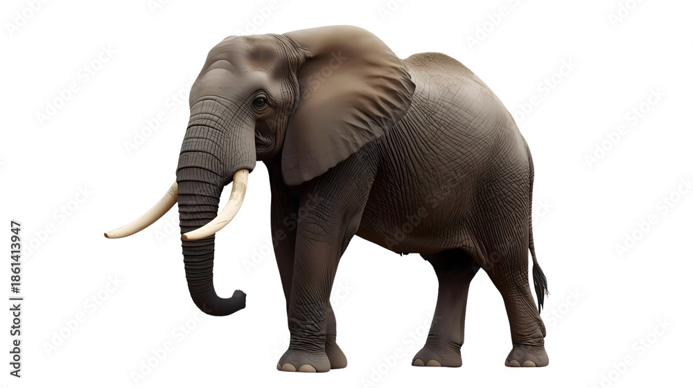 Obraz premium Realistic elephant with tusks in studio lighting on white background for wildlife conservation and educational materials