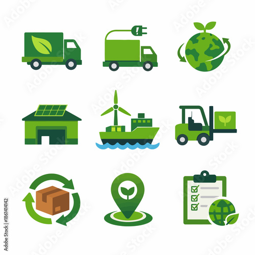 Eco-friendly logistics icons: renewable energy and sustainable transport solutions