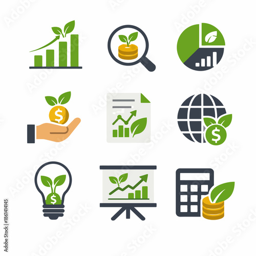 Eco-friendly business icons: growth, sustainability, and financial success
