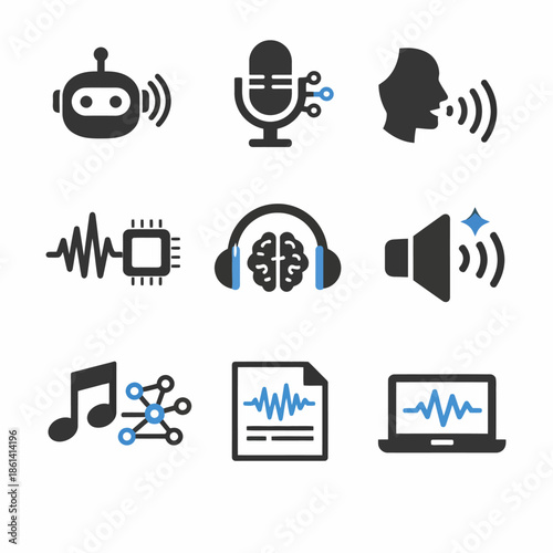 Ai audio technology icons: voice, sound, music, and machine learning concepts
