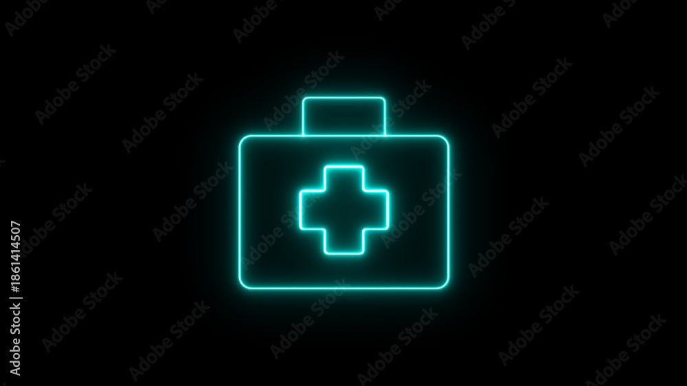 Obraz premium Neon blue medical kit with cross symbol on black background