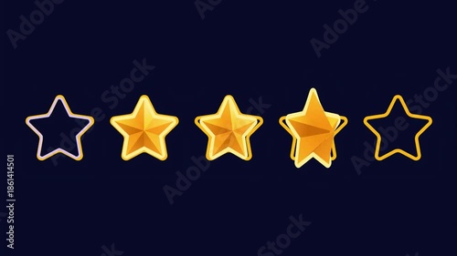 Glowing five-star rating icon animated video, animation video isolated on an alpha channel background. Animated 5-star rating isolated on a transparent black background.