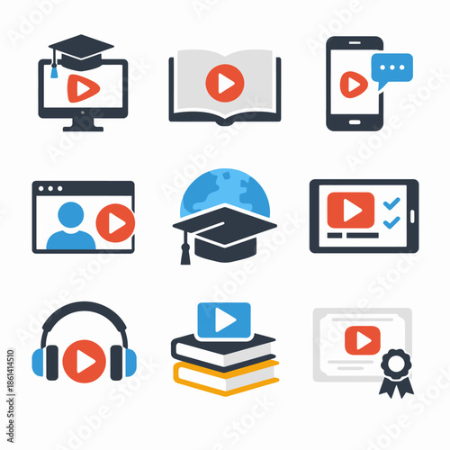 Online education icons featuring videos and learning tools