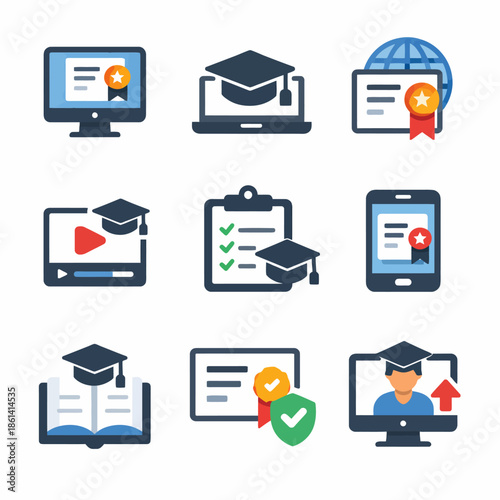 Education and online learning icons featuring computers, diplomas, and graduation caps