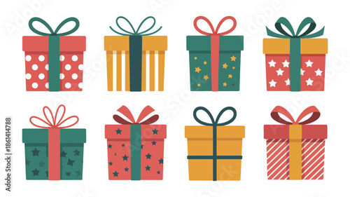 A charming collection of colorful gift boxes with ribbons, perfect for festive occasions