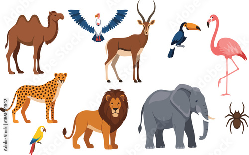 Photography Detailed flat vector wildlife set featuring African safari and desert animals in