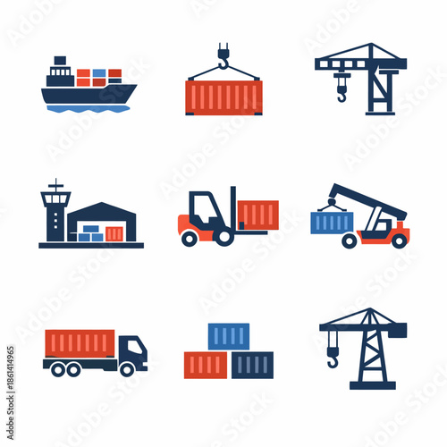 Icons of shipping and cargo equipment: ships, cranes, trucks, containers