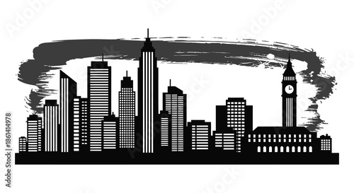 A striking black and white skyline illustration featuring prominent skyscrapers and a clock tower
