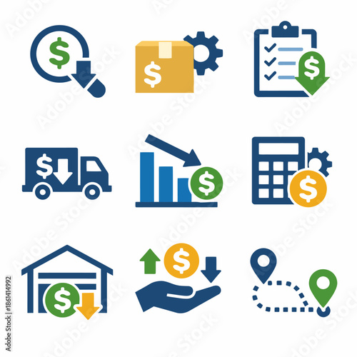 Financial and logistics management icons: delivery, analysis, cost savings, location tracking