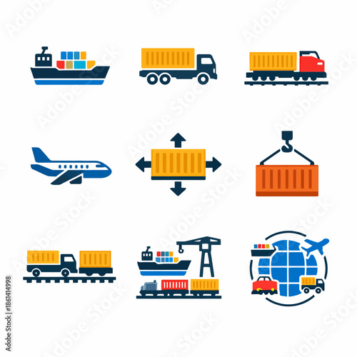 Logistics and transportation icons featuring ship plane truck and global connectivity