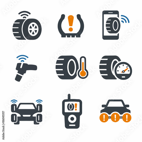 Tire pressure monitoring system icons with sensors and alerts