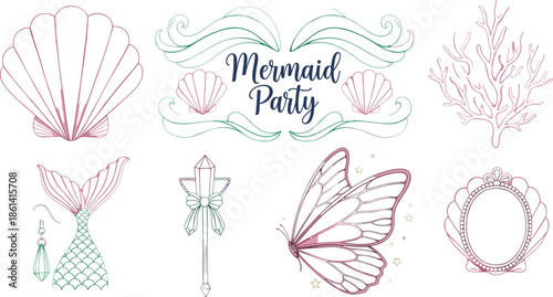 Mermaid party decorative set featuring seashell outlines coral branches mermaid tail butterfly wings and magical crystal wand illustrations