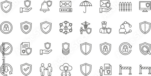 Professional security and insurance line icon set featuring shield protection symbols, digital privacy locks, safety umbrella icons, secure cloud data, and legal defense elements.