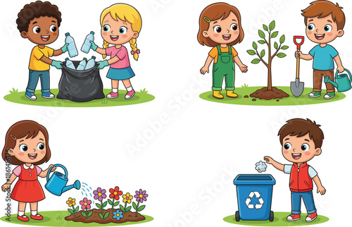 Set of Cute Little Children Engaged in Environmental Activities Including Recycling Plastic Bottles Planting Trees Watering Flowers and Sorting Waste