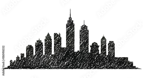 A black and white sketch of a city skyline with colorful watercolor brushstrokes in the background