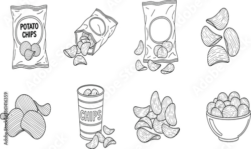 Set of Hand Drawn Potato Chips in Bags, Bowls, and Loose Forms – Snack Food Vector for Packaging and Branding Design
