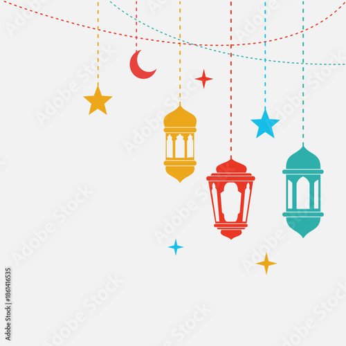 Arabic Islamic Hanging Lantern Vector Collection with Moon and Star Decoration for Ramadan and Eid Mubarak Background Illustration