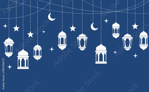Ramadan Kareem Islamic Hanging Lantern Vector Illustration with Crescent Moon and Stars, Arabic Decorative Lamp Ornament for Eid Mubarak Background
