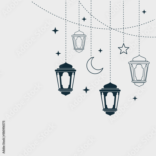 Arabic Islamic Hanging Lantern Vector Set with Crescent Moon and Stars, Ramadan Background Decoration, Flat Editable Illustration Design