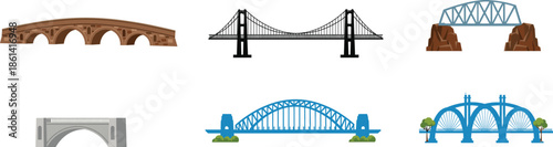 Various Cartoon Bridges with Different Architectural Designs and Styles in a Simple and Clean Illustration.